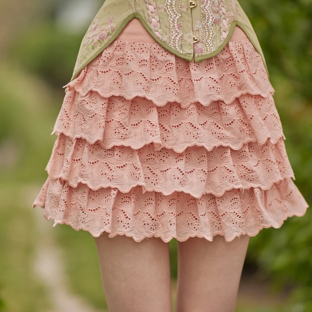 Pink Tiered Lace Mini Skirt